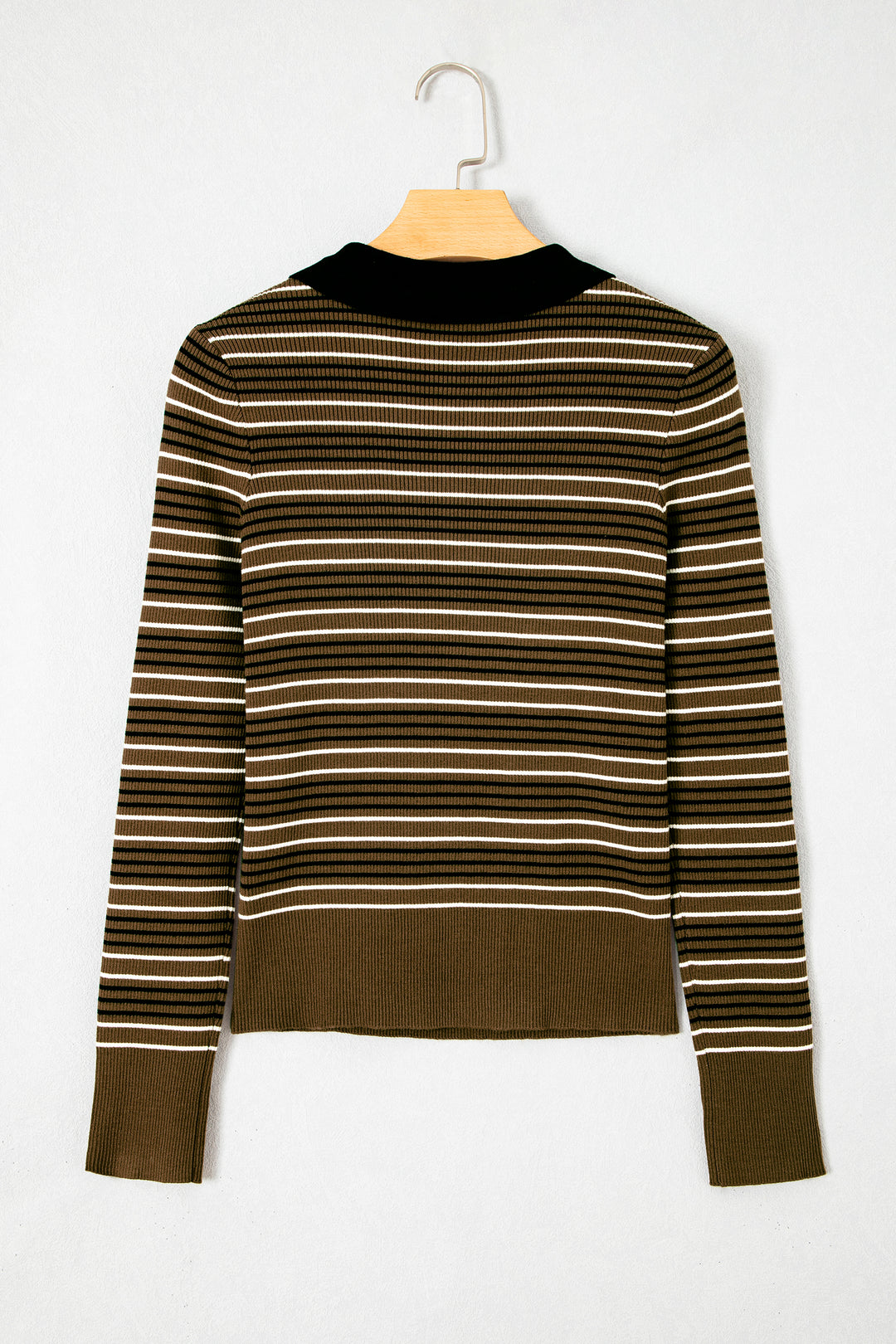 Green Stripe Striped Ribbed Knit Button Collar Sweater
