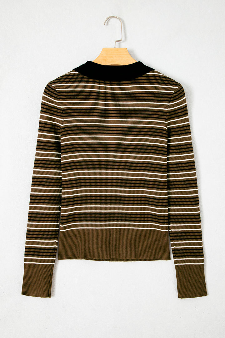 Green Stripe Striped Ribbed Knit Button Collar Sweater