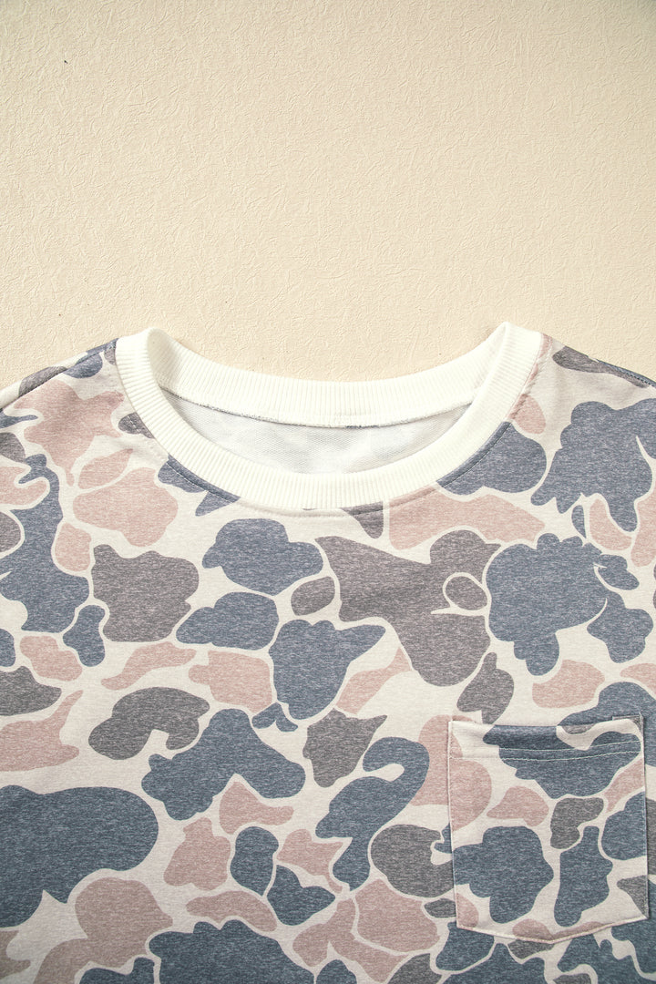 Beige Botanical Camo Print Long Sleeve Pocket Mini Dress