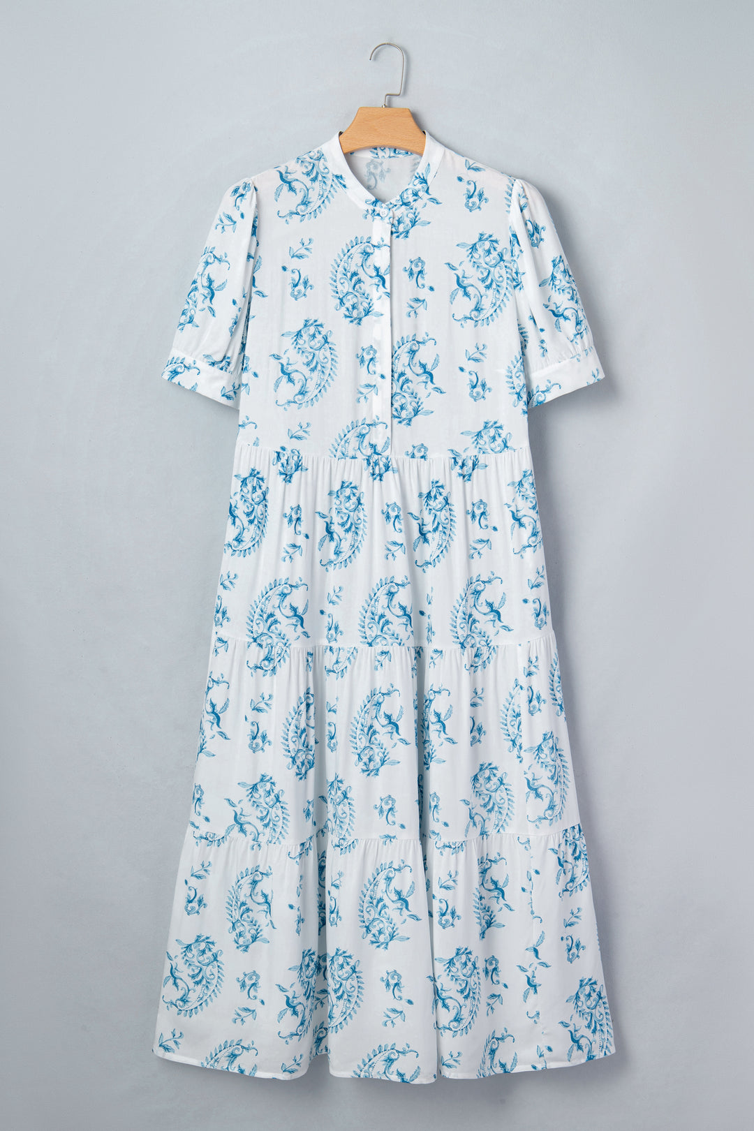 Sky Blue Plus Size Geometric Floral Print Button Split Neck Short Sleeve Maxi Dress