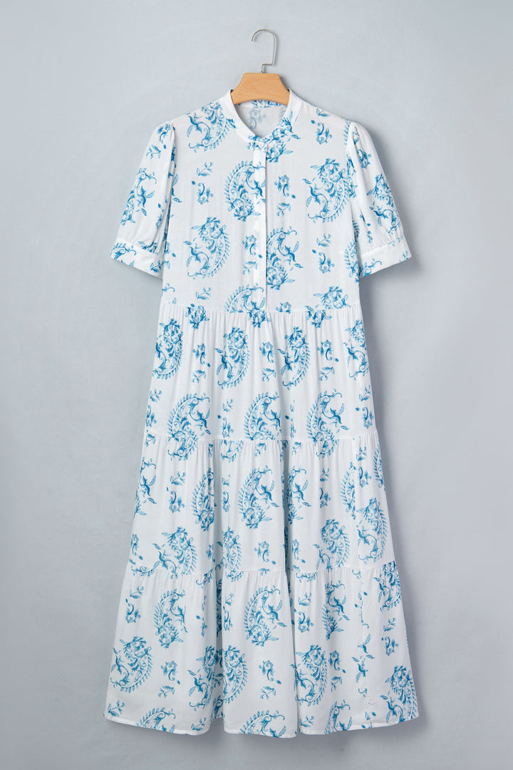 Sky Blue Plus Size Geometric Floral Print Button Split Neck Short Sleeve Maxi Dress