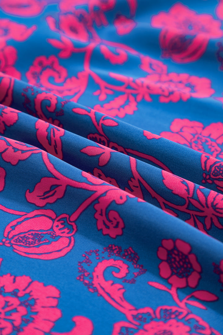 Blue Floral Print Twisted V Neck Tied Backless Maxi Dress
