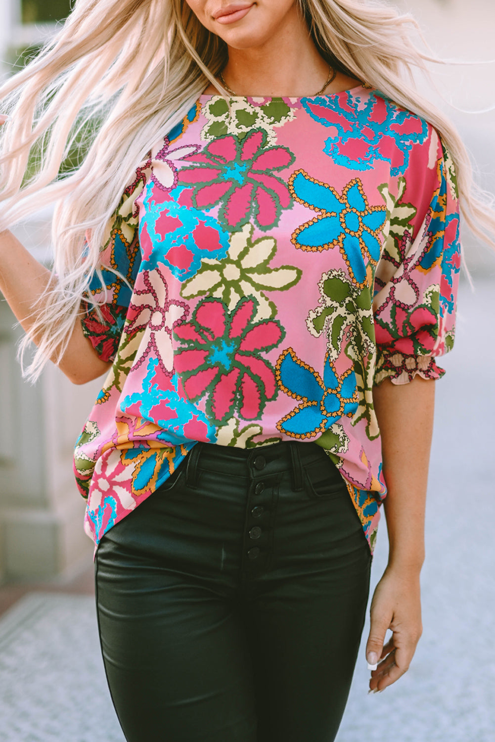 Pink Floral Print Bracelet Sleeve Blouse