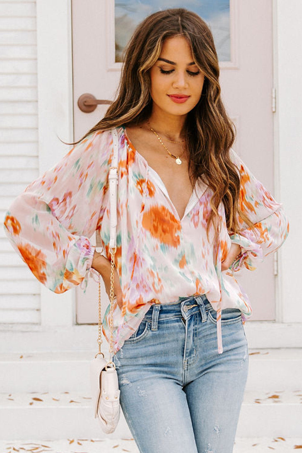 Multicolor Abstract Print Split Neck Puff Sleeve Blouse