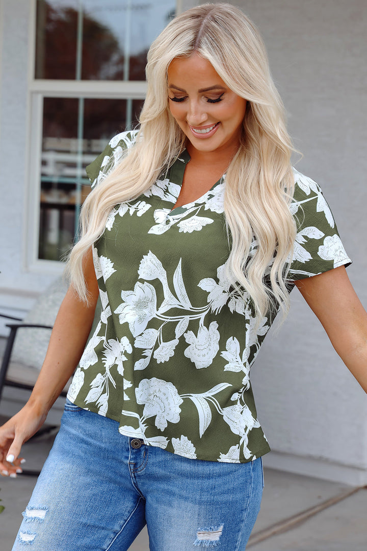 Floral Split Neck Short Sleeve Blouse