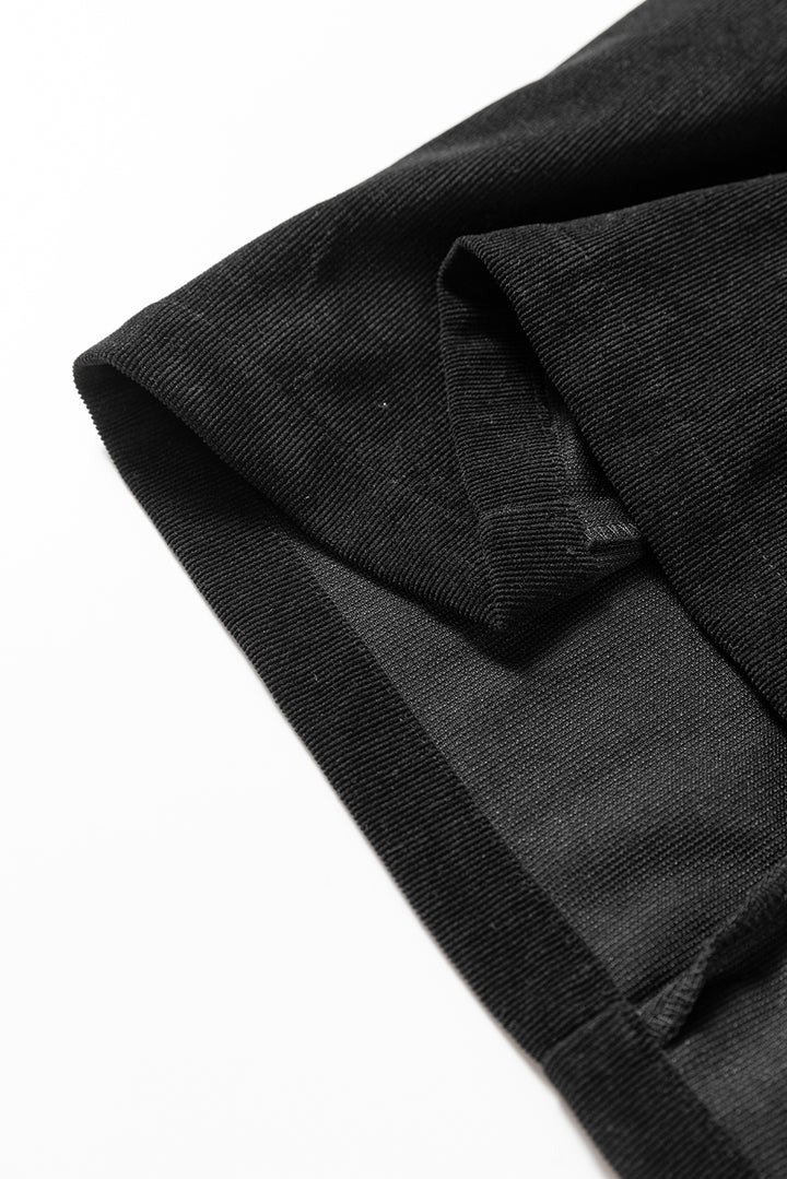 Black Corduroy Half Button Collared Long Sleeve Mini Dress