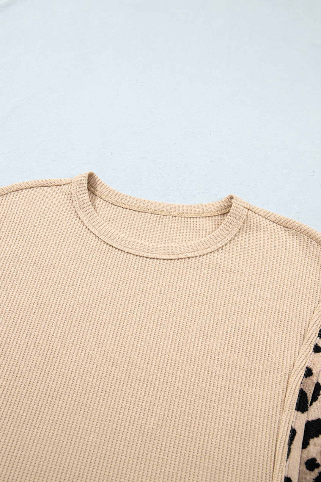 Gray Morn Leopard Sleeve Waffle Knit Split Hem Top