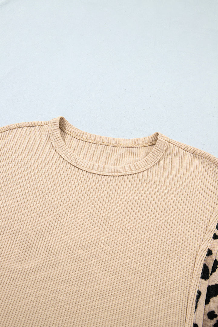 Gray Morn Leopard Sleeve Waffle Knit Split Hem Top