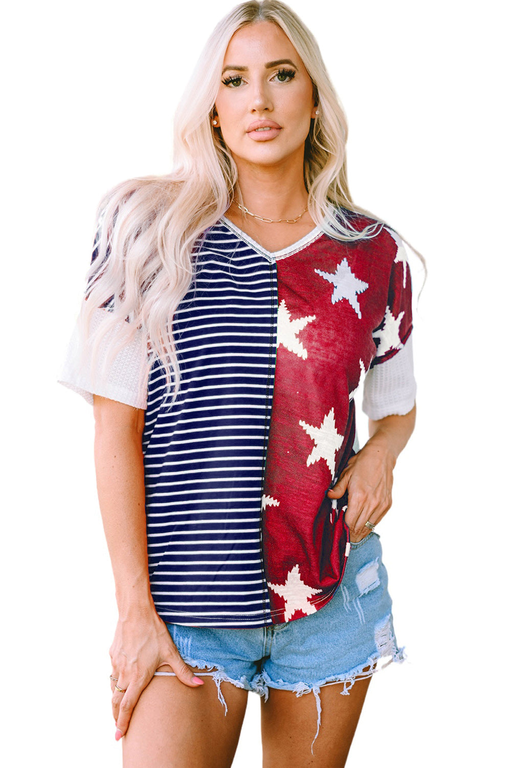 Blue Stripes Stars Print Knit Short Sleeves Top