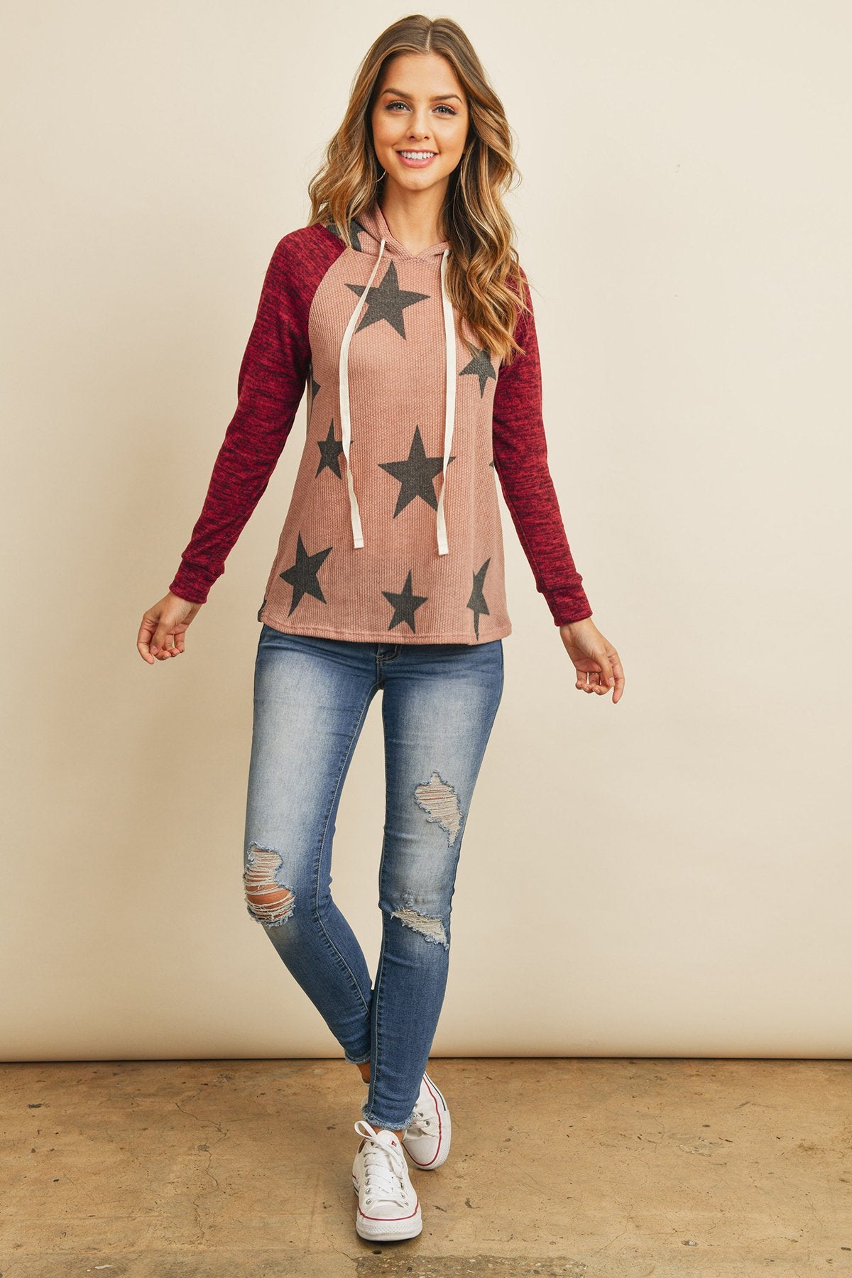 Brushed Hacci Sleeve Rib Detail Star Print Hoodie With Drawstring