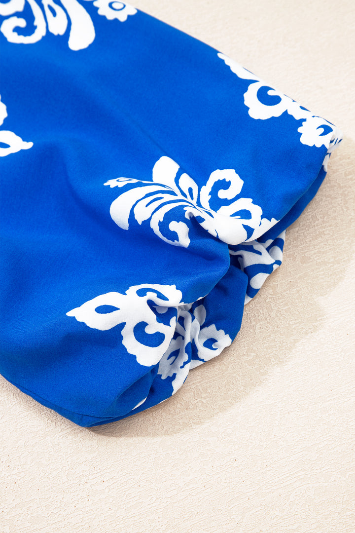 Blue Ethnic Geometric Print Collared Button Front Short Puff Sleeve Mini Dress