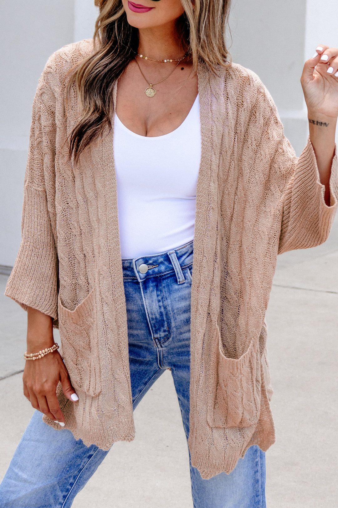 Old Rose Hollowed Pattern Knit Drop Shoulder Open Sweater Cardigan