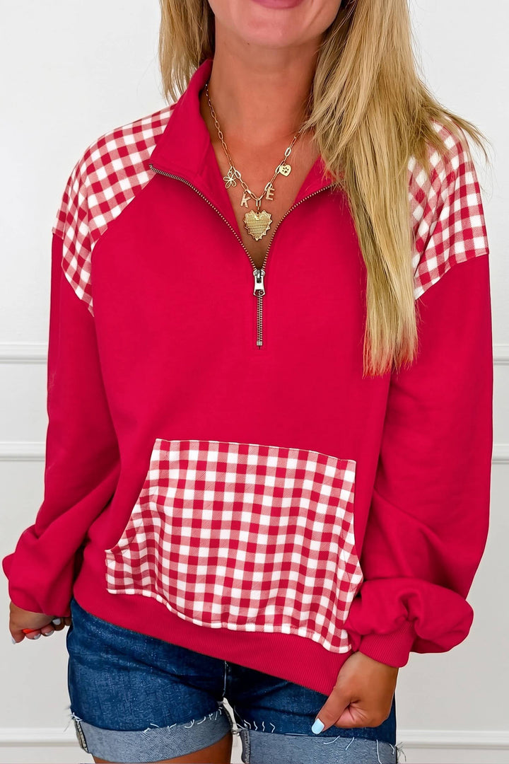 Navy Blue Patchwork Plaid Pocket Quarter Zip Sweatshirt