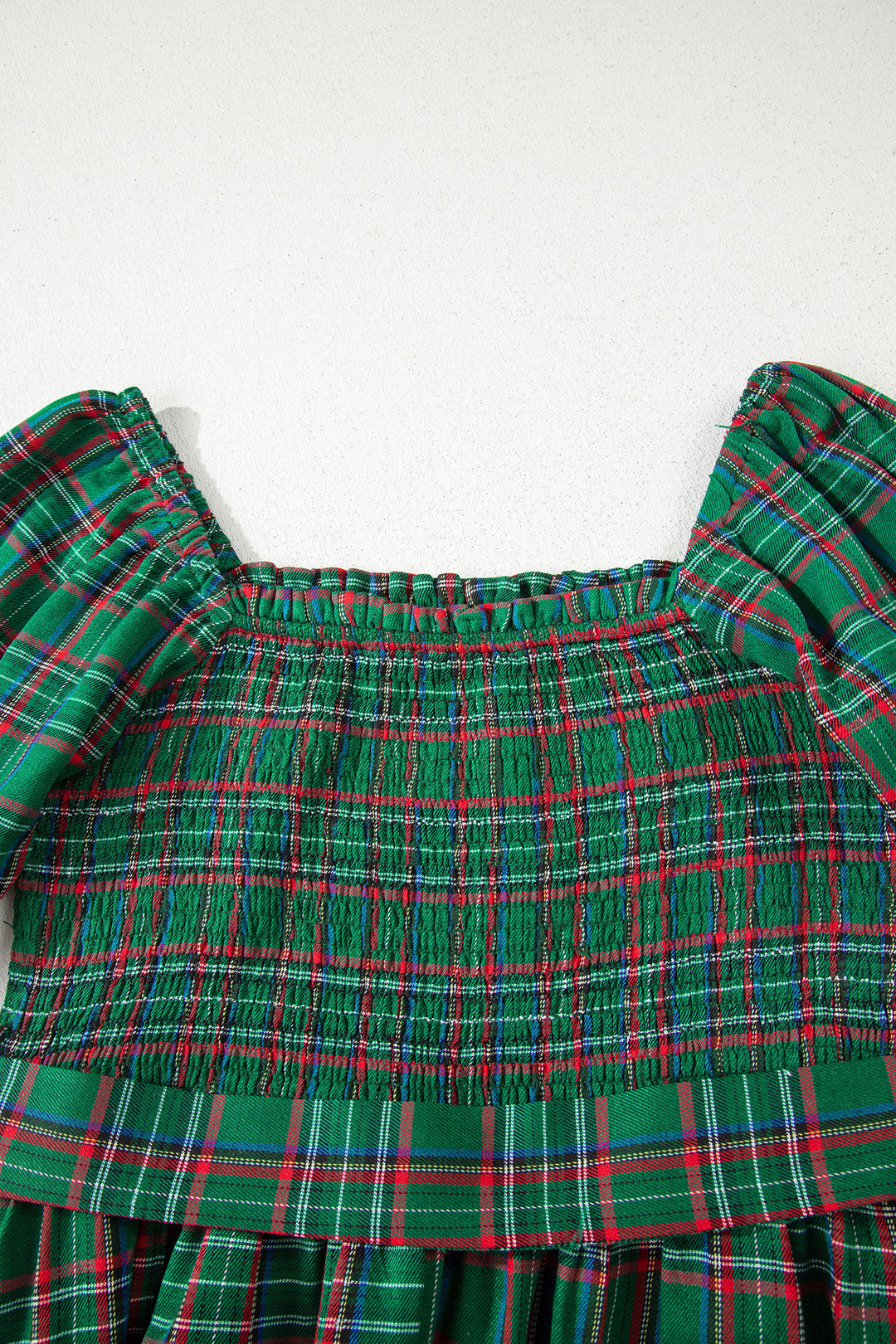 Green Tartan Plaid Square Neck Puff Sleeve Knot Waist Flared Midi Dress