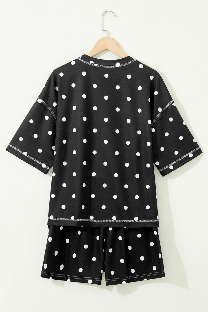 Yellow Exposed Seam Detail Polka Dot Loose Tee Drawstring Shorts Set