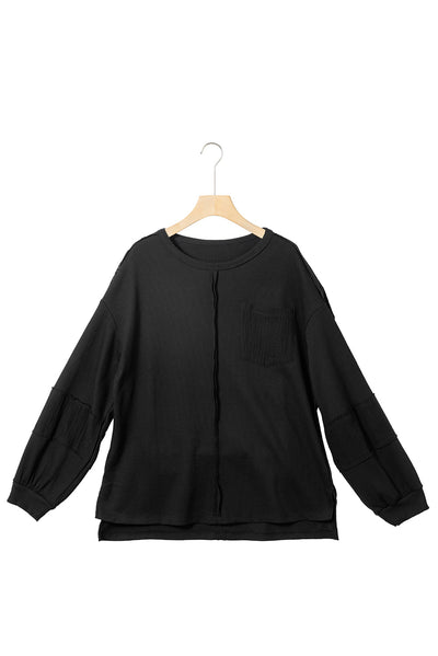 Black Exposed Seam Patchwork Bubble Sleeve Waffle Knit Top