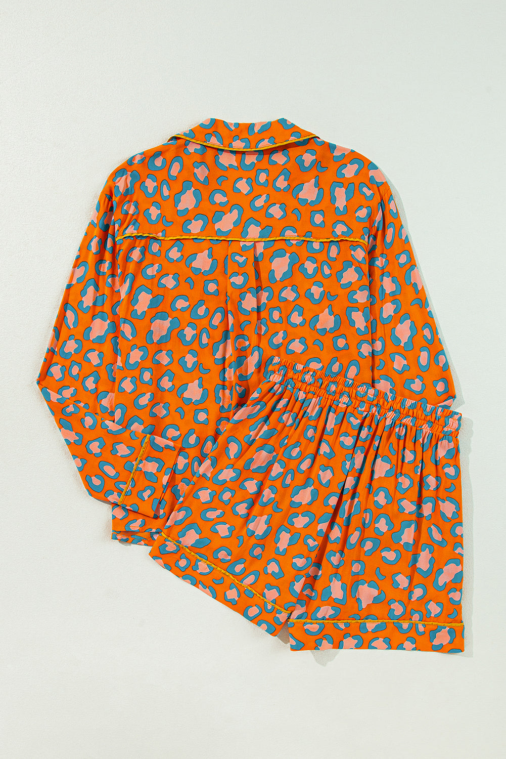 Orange Leopard Print Long Sleeve Shirt and Shorts Pajama Set