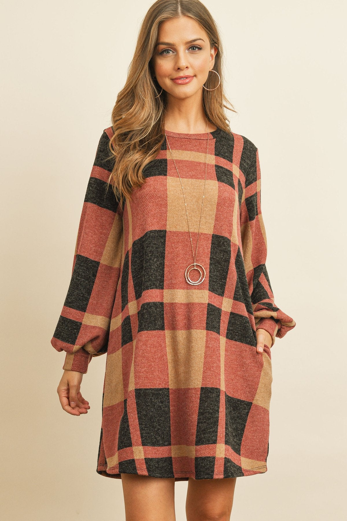 Round Neck Puff Sleeved Plaid Knee Length Dress