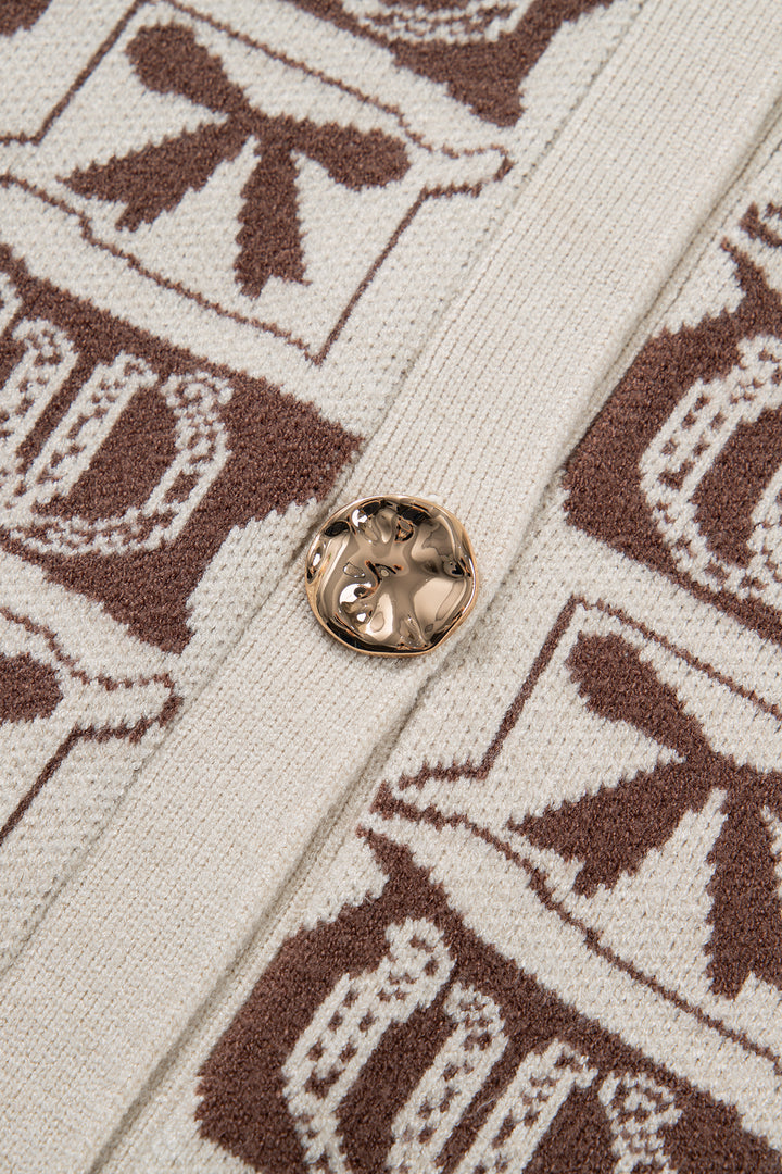 Brown Western Horseshoe Bow Pattern Button Front Sleeveless Knit Sweater
