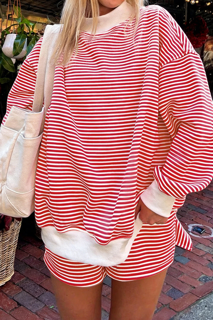 Sky Blue Stripe Oversize Mock Neck Sweatshirt and Shorts Set