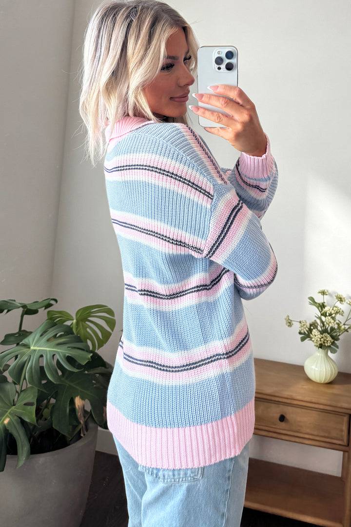 Sky Blue Stripe Striped Button Collar Long Sleeve Shift Fit Winter Knitwear Sweater