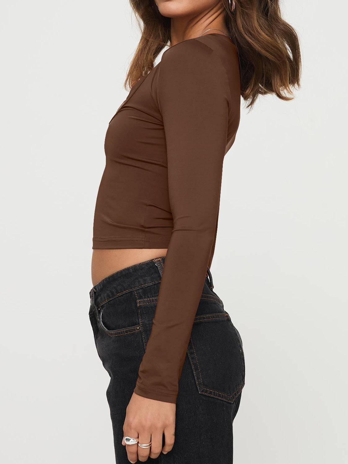 Scoop Neck Long Sleeve Cropped T-Shirt