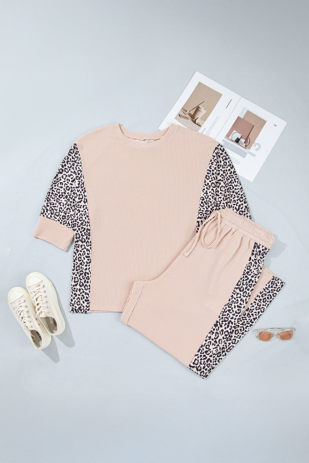 Light French Beige Leopard Print Ribbed Twist Long Sleeve Top Pants Plus Size Set