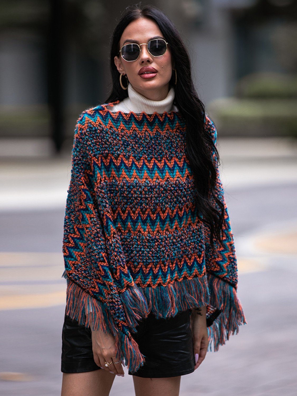 Shiny Fringe Hem Boat Neck Poncho