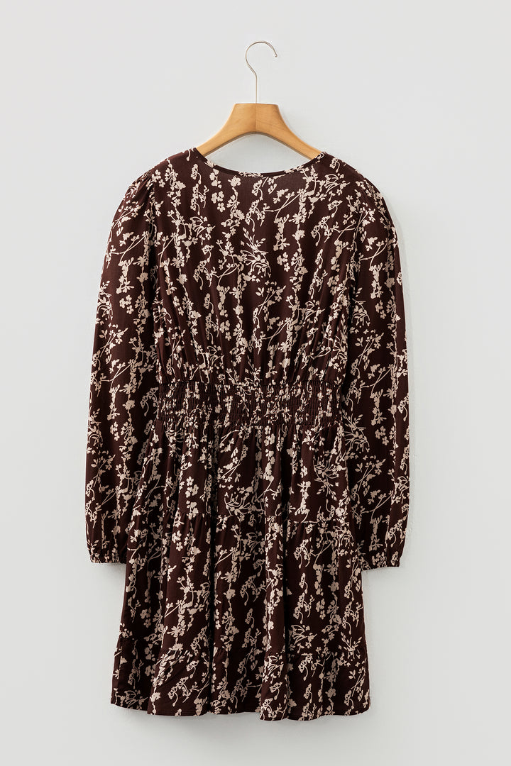 Brown Ditsy Floral Print Split Neck Long Sleeve Shirred Waist Flared Mini Dress