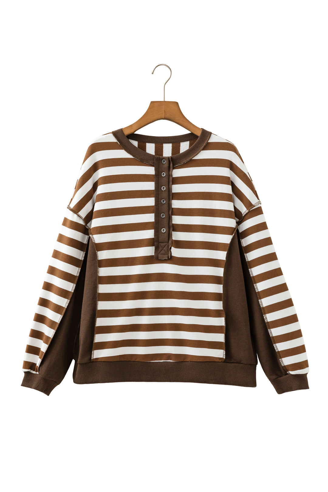 Brown Stripe Exposed Seam Color Block Patchwork Button Placket Sweatshirt