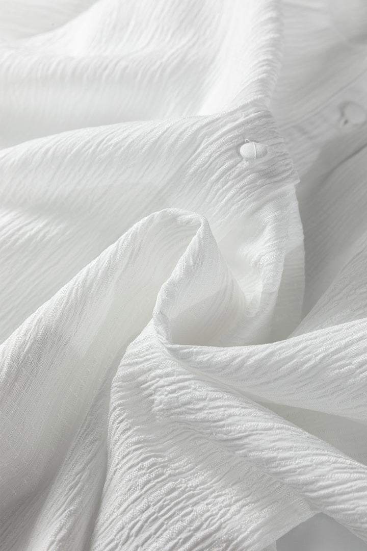 White Crinkled Texture Lantern Sleeve Button Down Loose Shirt