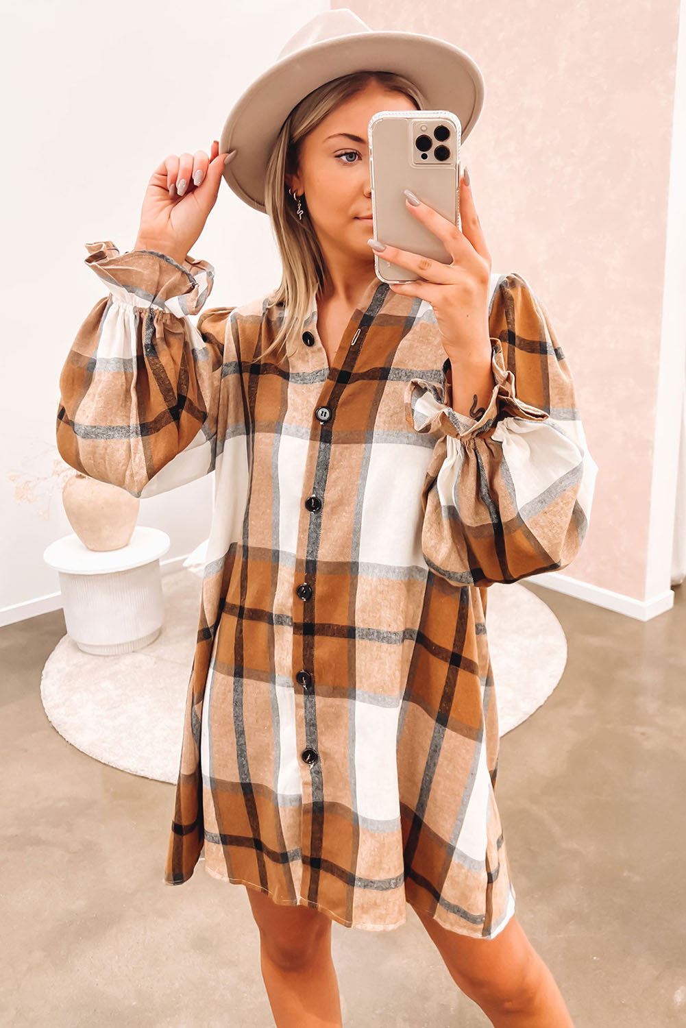 Elise Plaid Pattern Collared Neck Ruffled Sleeve Shirt Dress