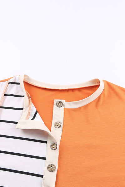 Orange Stripe Color Block Splicing Long Sleeve Henley Top