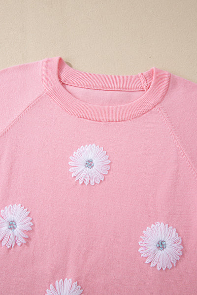 Pink Flower Pattern Short Sleeve Knitted Top