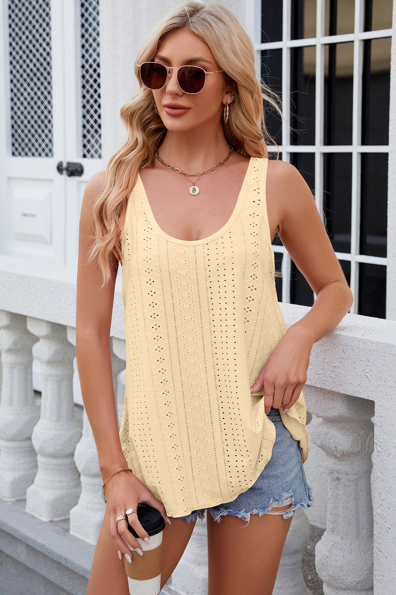 Eyelet Scoop Neck Wide Strap Tank - Sybaritic Bags & Clothing