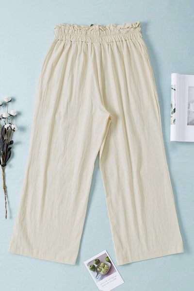 Khaki Paperbag Waist Straight Leg Cropped Pants