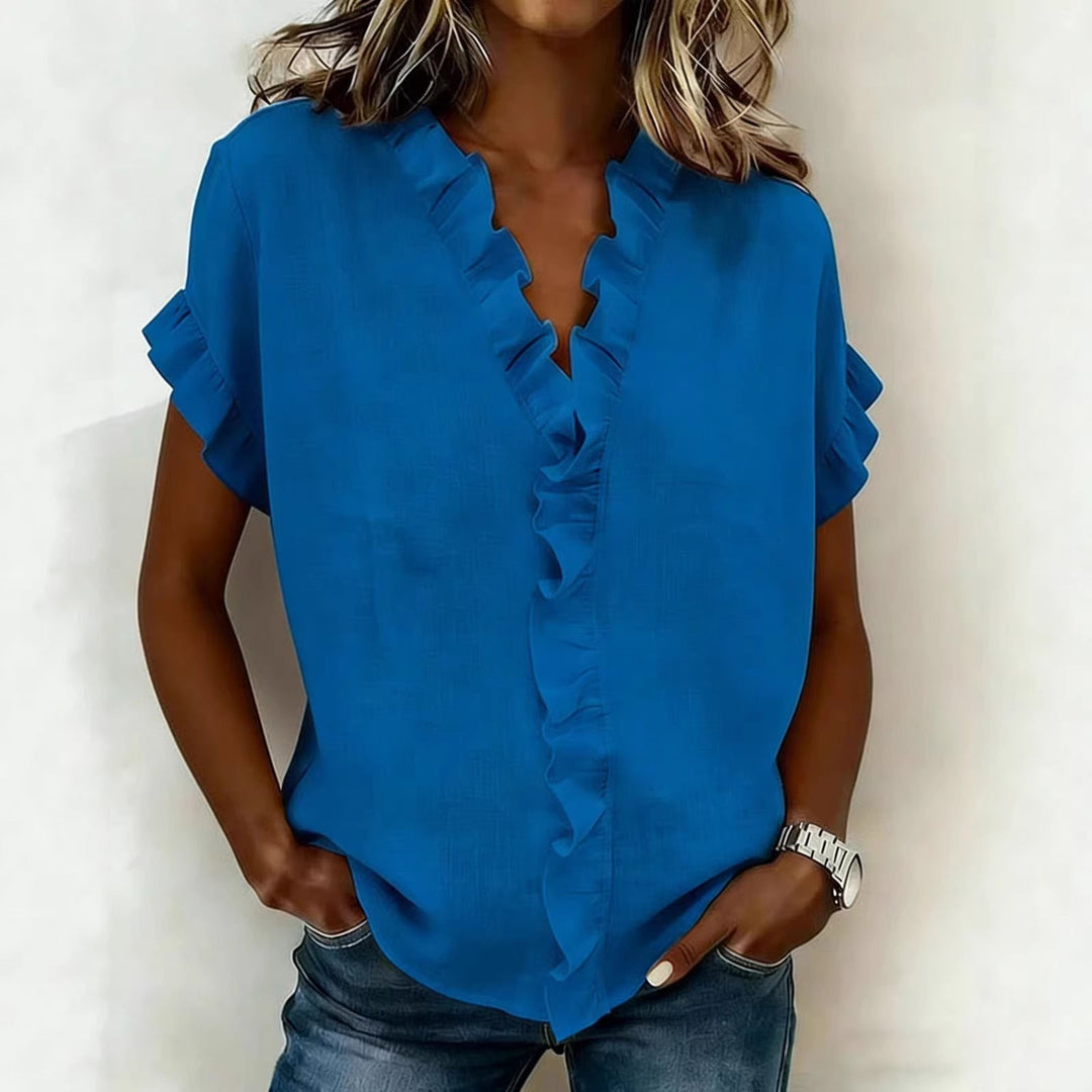 V-Neck Ruffle Sleeve Solid Color Top | Asymmetric Linen Blend