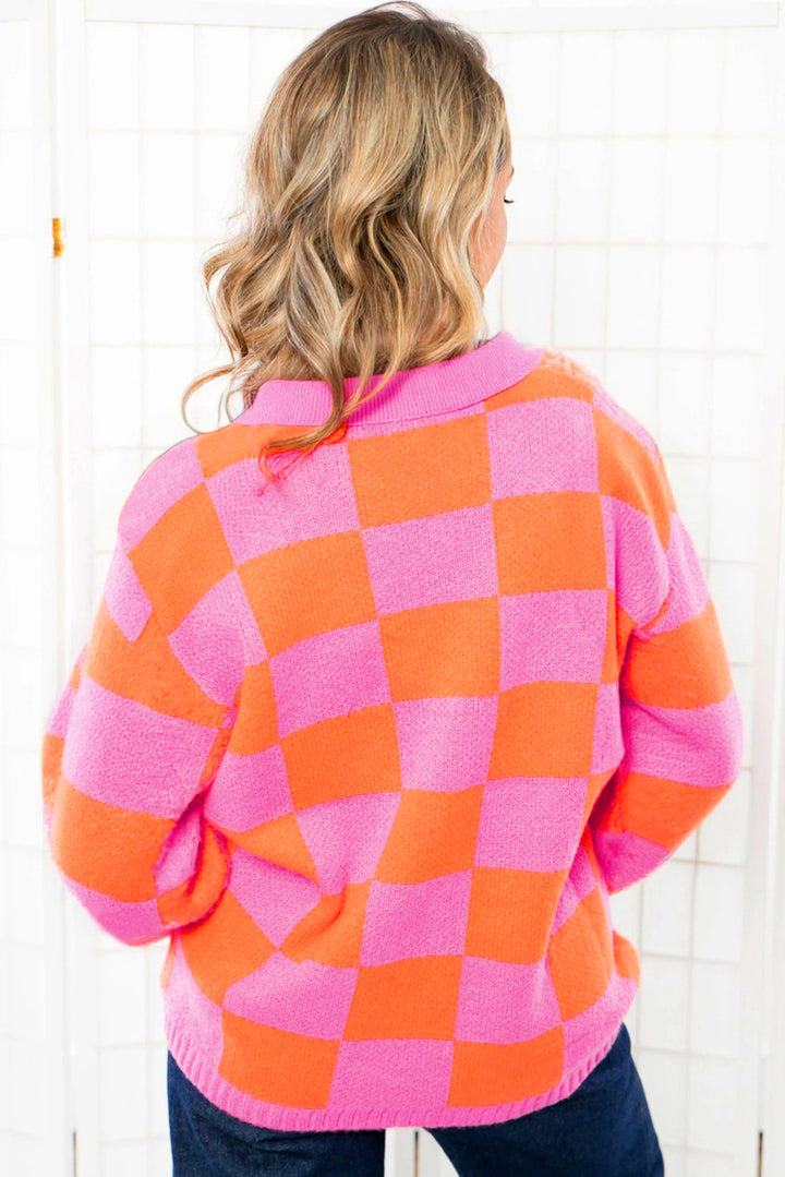Sachet Pink Checkered Knit Polo Collar Baggy Sweater