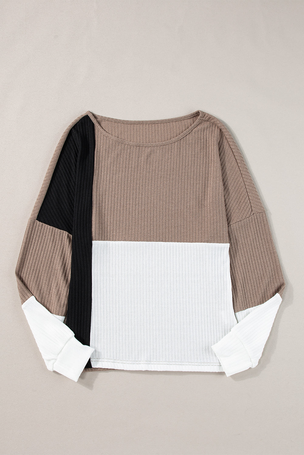 Parchment Ribbed Knit Color Block Drop Shoulder Top