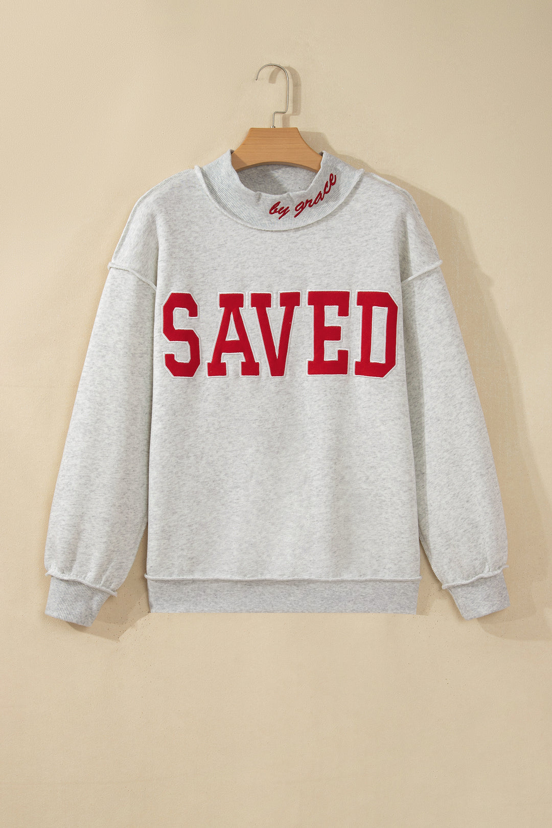 Gray Saved By Grace Embroidered Detail Letter Graphic High Neck Sweatshirt
