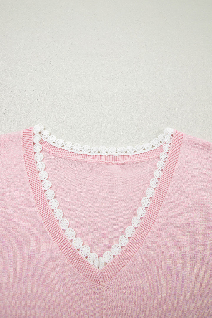 Strawberry Pink Lacy V Neckline Short Sleeve Sweater