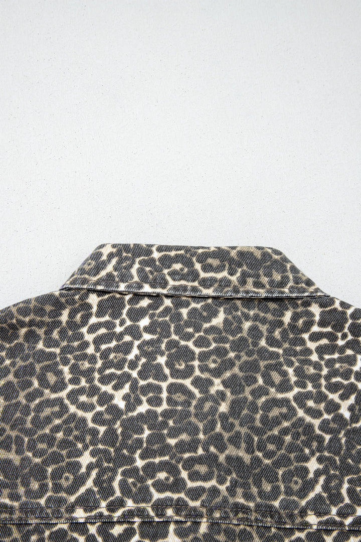 Gray Vintage Leopard Print Short Sleeve Loose Cotton Denim Shirt