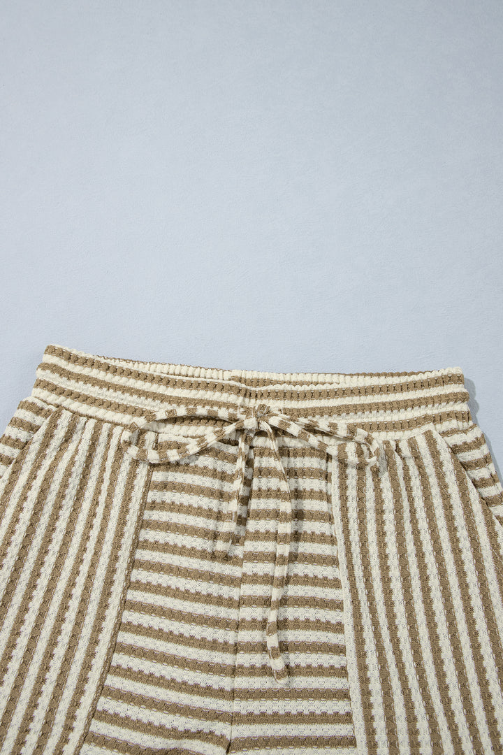 Brown Stripe Textured Knit Long Sleeve Top Elastic Waist Shorts Casual Outfit