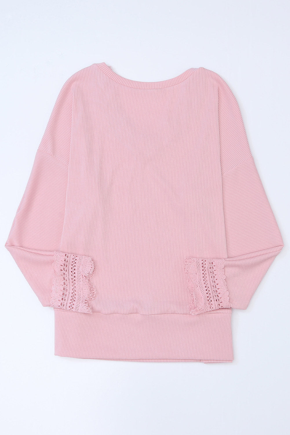 Pink Ribbed Texture Lace Trim V Neck Long Sleeve Top