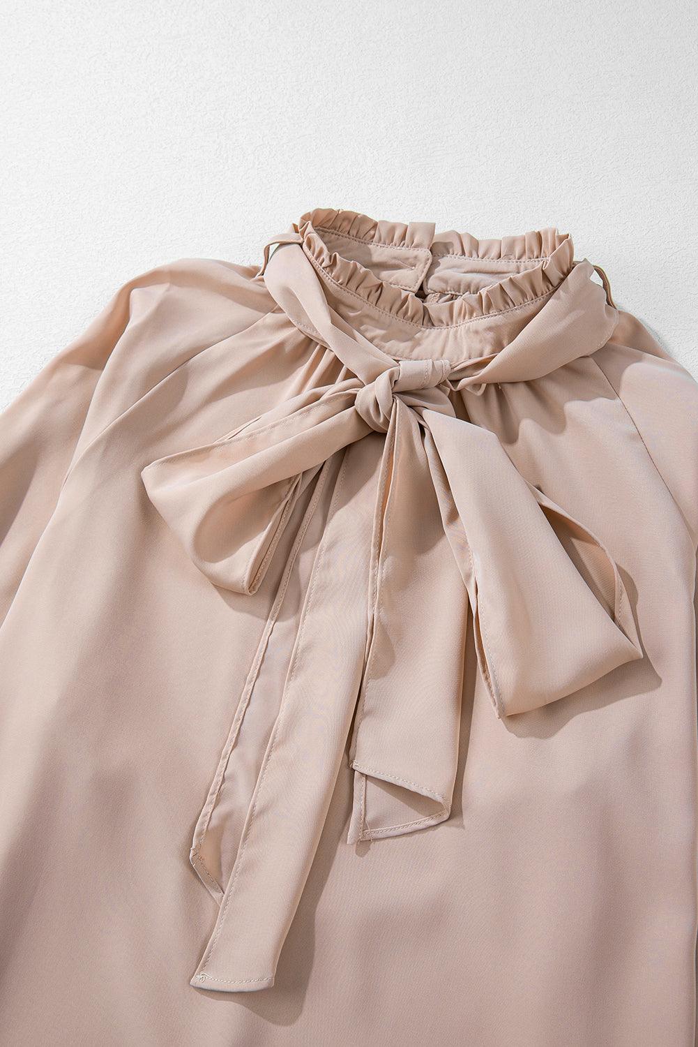 Khaki Frilled Knotted Mock Neck Bishop Sleeve Blouse