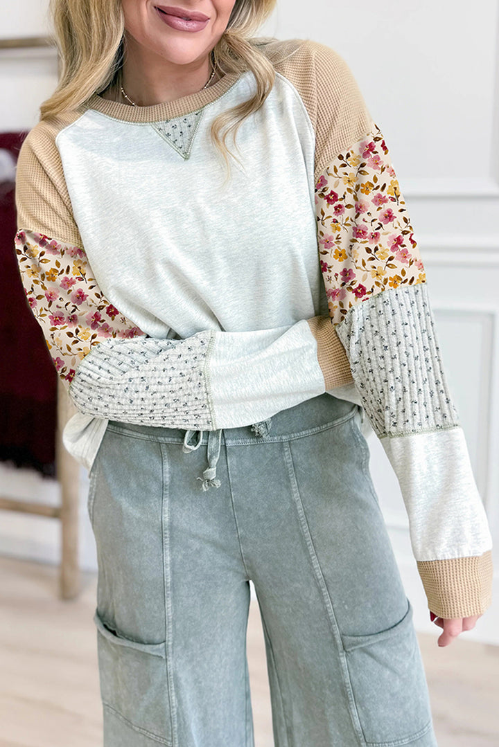 Light Grey Mixed Print Raglan Sleeve Patchwork Exposed Seam Pullover Top
