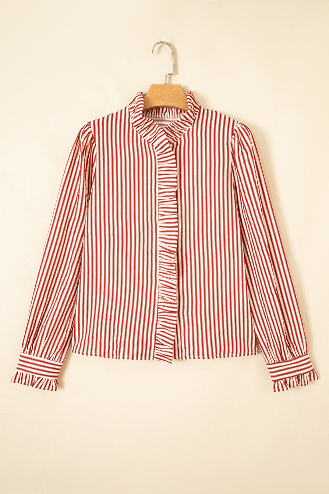 Red Stripe Textured Ruffle Trim Button-Up Long Sleeve Shirt