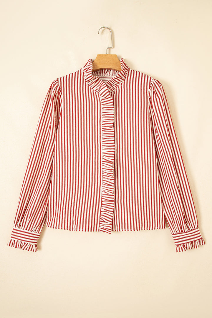 Red Stripe Textured Ruffle Trim Button-Up Long Sleeve Shirt