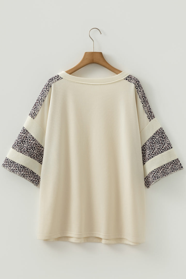 Apricot V Neck Exposed Seam Leopard Color Block Patchwork Half Sleeve Top