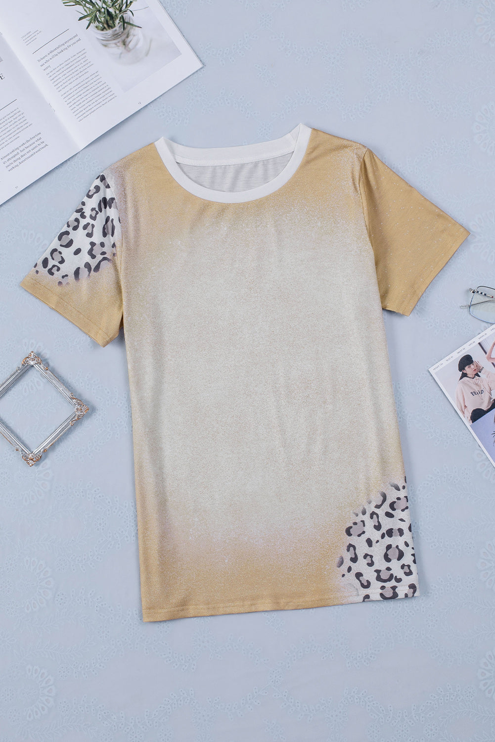 Khaki Bleached Leopard Print Crew Neck T Shirt